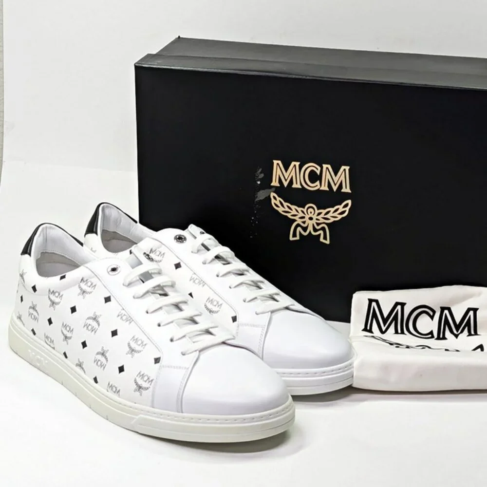 MCM Men's Terrain Derby Visetos Logo White Leather Sneakers Size 46 (MSRP $450)